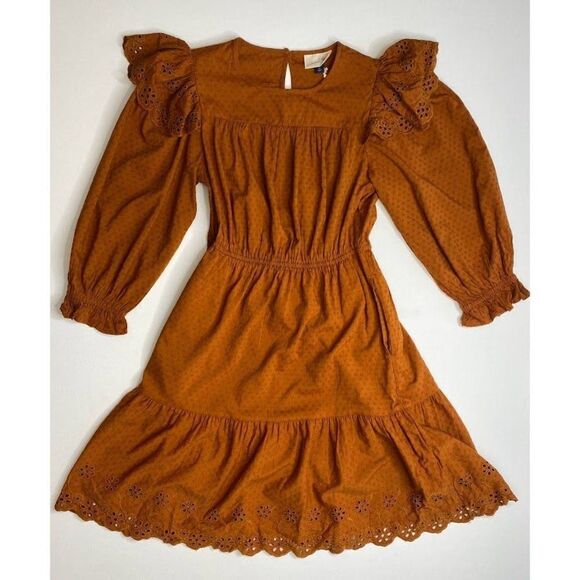 Universal Thread Long Sleeve Dress XS Brown Women's Eyelet-Detail Ruffled NEW‎ - Picture 8 of 13